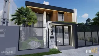 Fachada moderna de uma residência em Lajeado, Brasil, com grandes portas de vidro e paisagismo.
