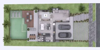 Planta baixa de uma residência em Lajeado, Brasil, mostrando o layout externo e interno.