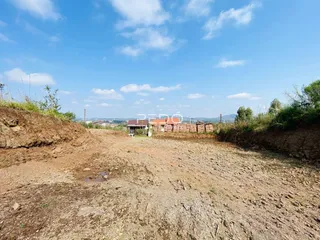 Vista de terreno com solo exposto e vegetação ao fundo.