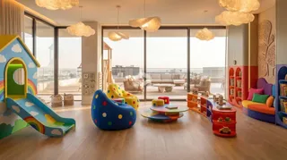Sala de estar moderna com grandes janelas que oferecem uma vista.