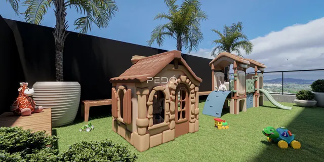 Uma área externa com um playground de madeira e jardim.