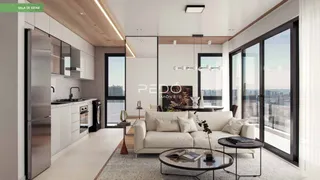 Sala de estar moderna com vista para a cidade.