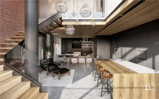 Ambiente interno moderno com degraus de madeira e piso claro.