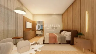 Quarto moderno com cabeceira e armário de madeira em Lajeado.