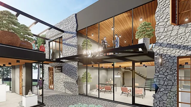 Renderização de um imóvel moderno com fachada de pedra e estrutura de madeira.