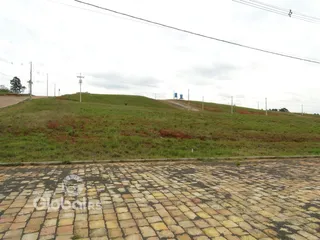Paisagem de colinas gramadas com um primeiro plano de pavimento de paralelepípedos.