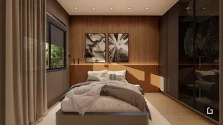 Quarto com cama e painéis de madeira na decoração.