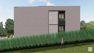 Fachada externa de uma residência moderna com revestimento de tijolos cinzas em Lajeado, Brasil.