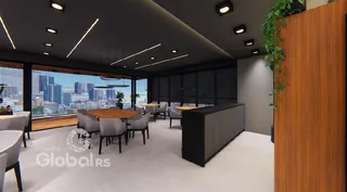 Ambiente de restaurante moderno com mesas de madeira e vista da cidade.