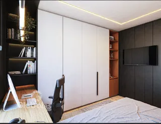 Foto de um ambiente interno moderno com armários e decoração.