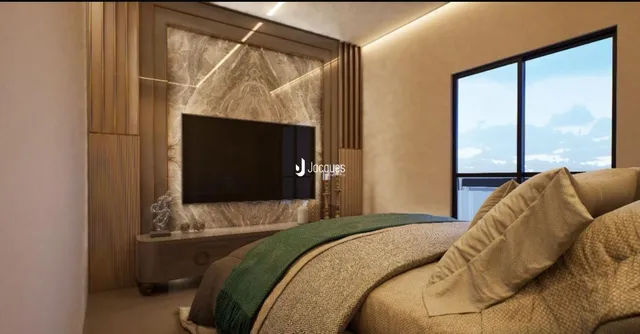 Sala de estar com cama e painel de madeira.