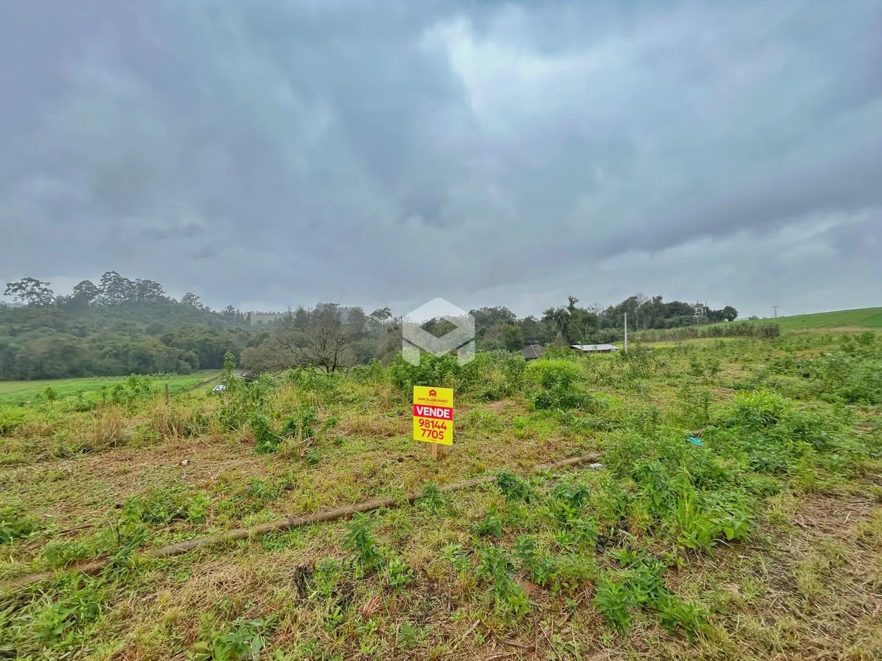 Paisagem de campo com vegetação e um sinal no meio.
