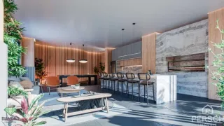 Sala de estar moderna com painéis de madeira e piso de madeira.