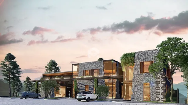 Fachada moderna de uma residência em Lajeado, Brasil, ao pôr do sol.
