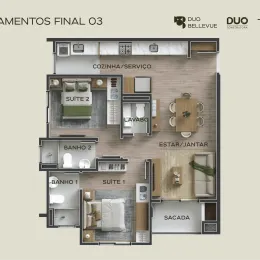 Planta baixa de um apartamento mostrando a disposição dos cômodos em Lajeado.
