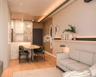 Sala de estar com mesa de jantar e sofá em um apartamento em Lajeado.