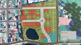 Mapa aéreo de um loteamento residencial em Lajeado, Brasil, mostrando as divisões de terrenos e áreas verdes.