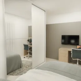 Foto de um quarto interno com cama.