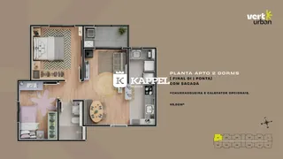 Planta baixa de um apartamento de dois dormitórios com layout de sala, cozinha e quartos.