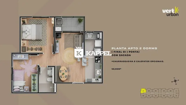 Planta baixa de um apartamento de dois dormitórios com layout de sala, cozinha e quartos.