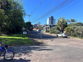 Vista externa de uma rua com vegetação e edifícios ao fundo.