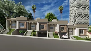 Fachada de casas modernas em Lajeado, Brasil, com paisagismo frontal.
