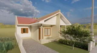 Fachada de uma casa residencial com telhado de telhas vermelhas em Lajeado, Brasil.