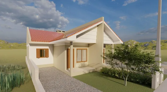 Fachada de uma casa residencial com telhado de telhas vermelhas em Lajeado, Brasil.