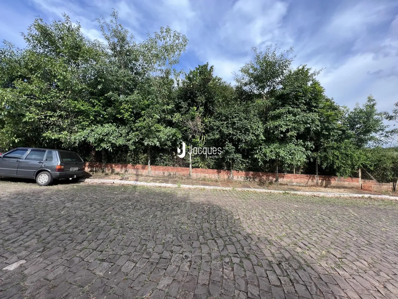 Vista externa da propriedade com vegetação densa e muro de tijolos.