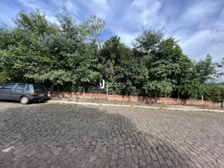 Vista externa da propriedade com vegetação densa e muro de tijolos.