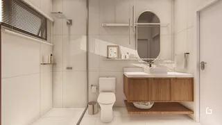 Foto de um banheiro moderno com revestimentos brancos e madeira.