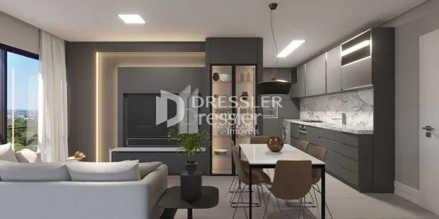 Interior moderno de uma sala de estar com cozinha integrada.