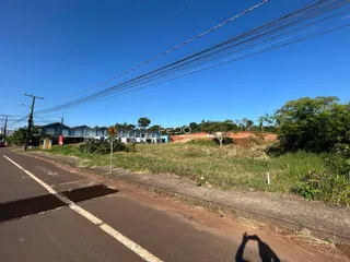 Vista da rua com casas e vegetação ao fundo.