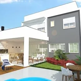 Fachada moderna de uma residência com grandes janelas em Lajeado.