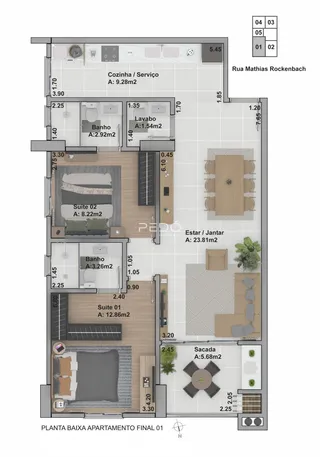 Planta baixa do apartamento final 01 em Lajeado, Brasil.
