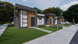 Fachada de uma residência moderna com jardim e calçada em Lajeado, Brasil.