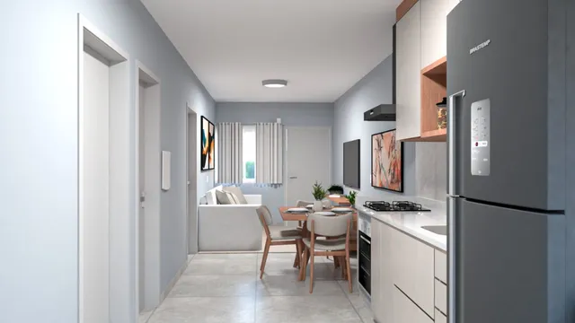 Foto de um corredor interno com paredes brancas e portas.