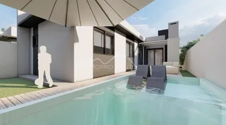 Vista externa da casa com piscina em Lajeado, Brasil.