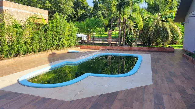 Foto de uma piscina externa com formato irregular em um terreno com vegetação exuberante.