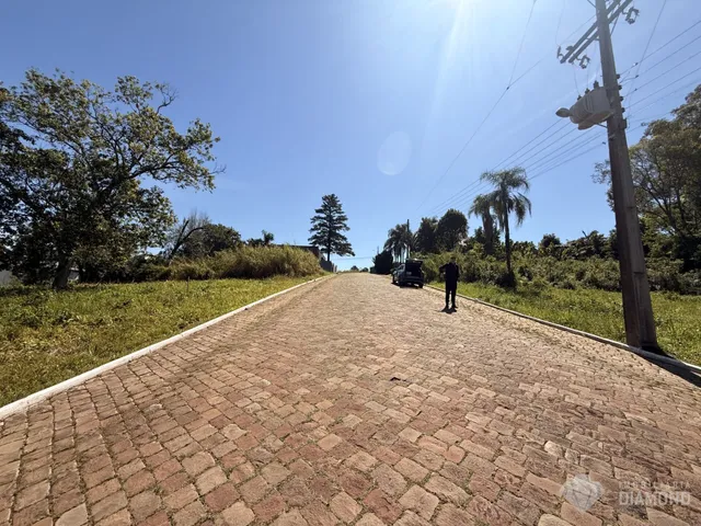Vista da estrada de acesso com pavimentação de tijolos em Lajeado.
