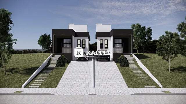 Fachada de uma casa moderna com jardim e entrada pavimentada em Lajeado, Brasil.