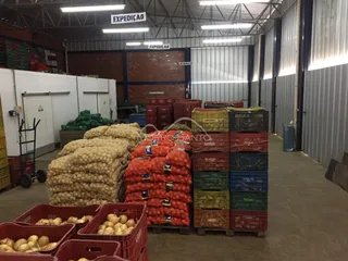 Foto de um depósito interno com sacos de produtos agrícolas empilhados em caixas.