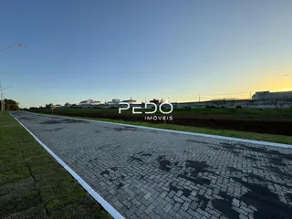 Vista de uma rua pavimentada com grama ao redor.