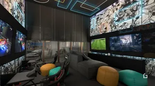 Sala de estar com parede decorada com televisores.