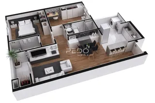 Vista de um apartamento moderno com cozinha integrada em Lajeado, Brasil.