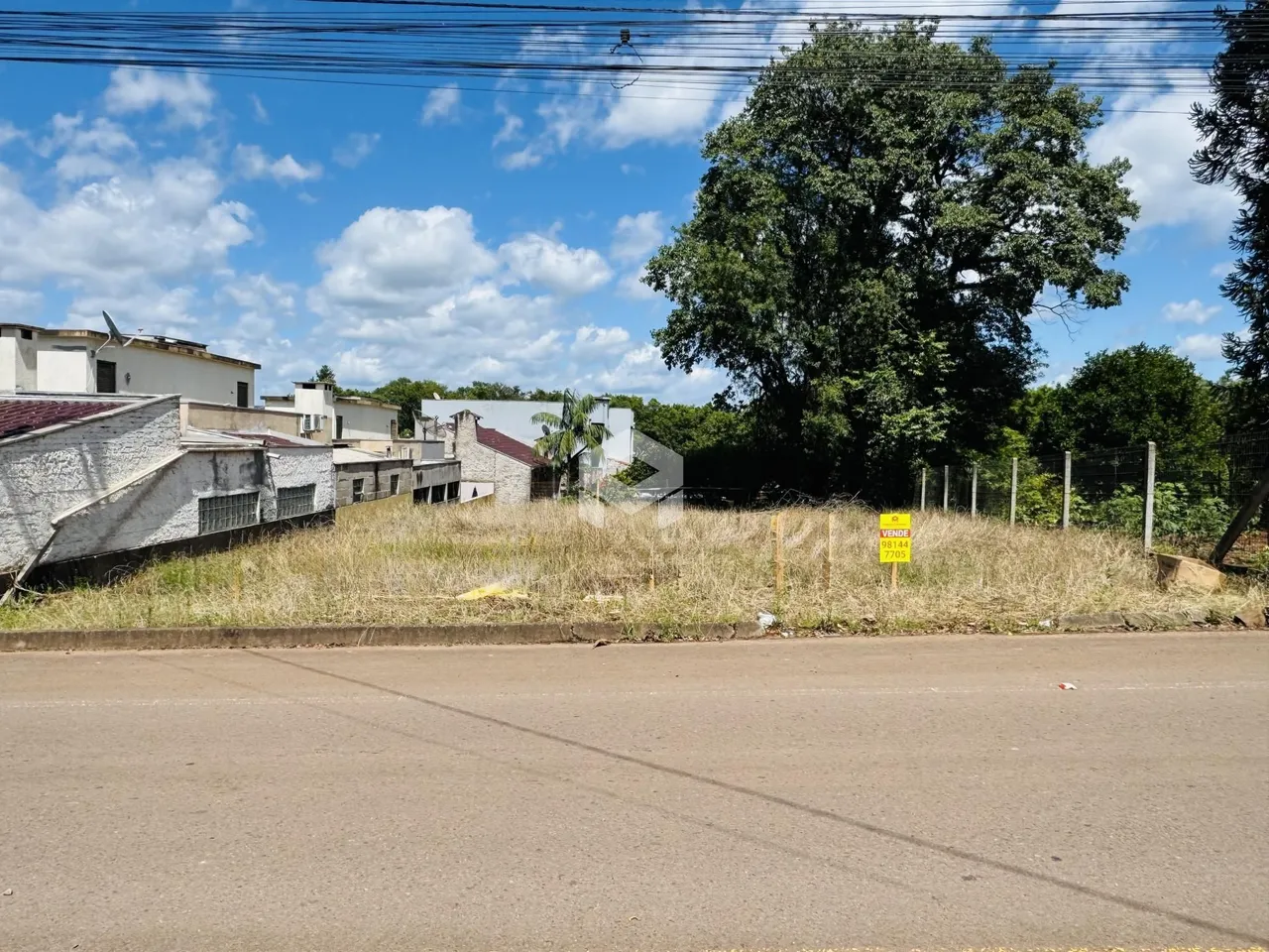 Vista externa de uma propriedade com vegetação e cerca ao longo de uma estrada.