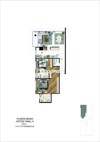 Planta baixa de um apartamento tipo 1 mostrando a disposição dos cômodos.