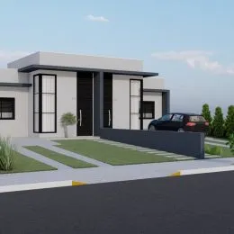 Fachada de uma casa moderna com revestimento claro e detalhes em preto em Lajeado, Brasil.