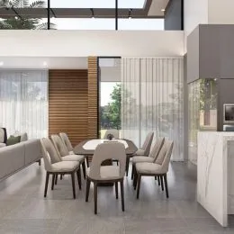 Sala de estar com sofá e piso de madeira.
