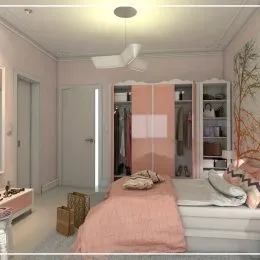 Quarto com cama e armários em um ambiente interno.